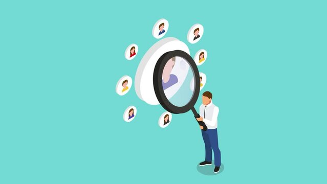 Hand with magnifying glass focused on selecting workers