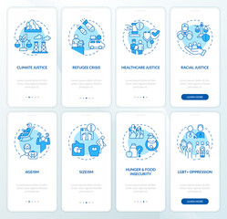 Social problems blue onboarding mobile app screen set. Justice issues walkthrough 4 steps editable graphic instructions with linear concepts. UI, UX, GUI template. Myriad Pro-Bold, Regular fonts used