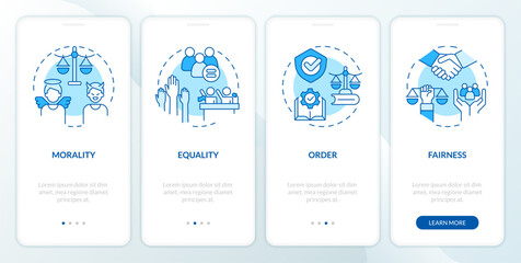 Law and justice ideas blue onboarding mobile app screen. Walkthrough 4 steps editable graphic instructions with linear concepts. UI, UX, GUI template. Myriad Pro-Bold, Regular fonts used