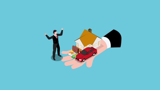 Big hand offering house, car, money to businessman