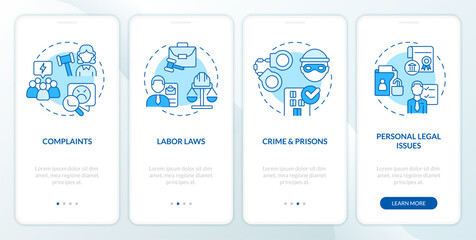 Fototapeta na wymiar Laws and legal issues blue onboarding mobile app screen. Walkthrough 4 steps editable graphic instructions with linear concepts. UI, UX, GUI template. Myriad Pro-Bold, Regular fonts used