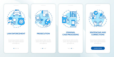 Justice system blue onboarding mobile app screen. Public safety. Walkthrough 4 steps editable graphic instructions with linear concepts. UI, UX, GUI template. Myriad Pro-Bold, Regular fonts used