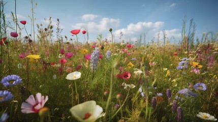 Colorful flowers in a meadow on a sunny summer day,Beautiful meadow with poppies and other wildflowers.Generative Ai