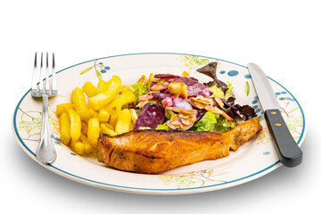 Delicious homemade salmon fish steak with caesar salad and french fried in white ceramic plate isolated on white background with clipping path.