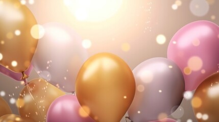 Festive background, Golden and pink balloons falling with confetti. Generative AI.