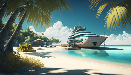 luxury yacht on the beach with palm trees, Generative AI