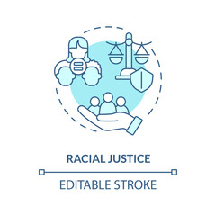 Racial justice blue concept icon. Discrimination prevention. Social justice example abstract idea thin line illustration. Isolated outline drawing. Editable stroke. Arial, Myriad Pro-Bold fonts used