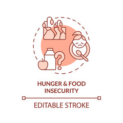 Hunger and food insecurity red concept icon. Starvation. Social injustice example abstract idea thin line illustration. Isolated outline drawing. Editable stroke. Arial, Myriad Pro-Bold fonts used