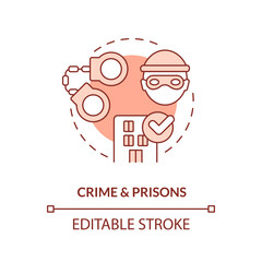 Crime and prisons red concept icon. Imprisonment of criminal. Law and legal issue abstract idea thin line illustration. Isolated outline drawing. Editable stroke. Arial, Myriad Pro-Bold fonts used