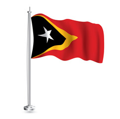 East Timor Flag. Isolated Realistic Wave Flag of East Timor Country on Flagpole.
