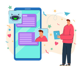 Young man talking with chatbot vector illustration. Chatbot AI helping people via messaging on smartphone screen. Customer service, artificial intelligence, virtual assistance concept