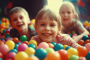Fototapeta na wymiar Colorful Fun. Energetic group of children enjoying playful time in a vibrant ball pit. Playtime concept. AI Generative
