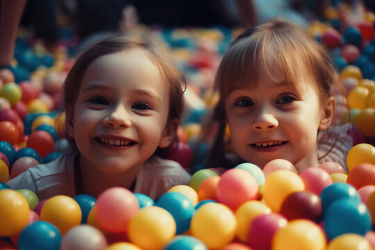 Colorful Fun. Energetic group of children enjoying playful time in a vibrant ball pit. Playtime concept. AI Generative