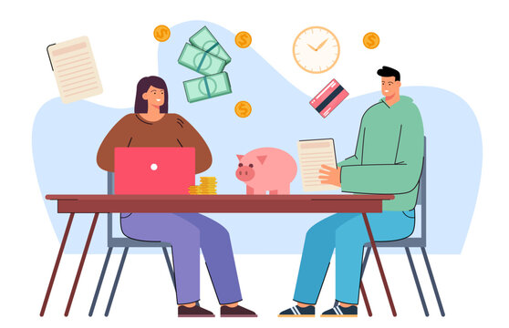 Couple Saving Money And Analyzing Finances Vector Illustration. Male And Female Characters Sitting At Table With Money, Cash, Credit Card On White Background. Personal Finance, Deposit Growth Concept