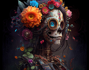Futuristic Sugar Skull Woman Generative AI Flowers Robot Skeleton Floral Dia de los Muertos Day of the Dead Mexican Holiday