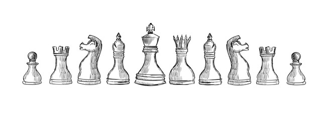 Chess piece icons. Board game. Black isolated on gray background. Vector illustration.
