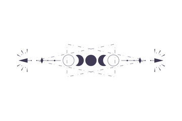 Moon Phases with celestial border isolated on white background. Mystic esoteric symbol with moon and border. Astrology cycle eclipse. Vector design element.
