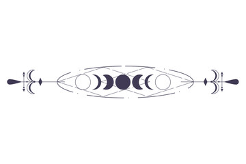 Moon Phases with celestial border isolated on white background. Mystic esoteric symbol with moon and border. Astrology cycle eclipse. Vector design element.