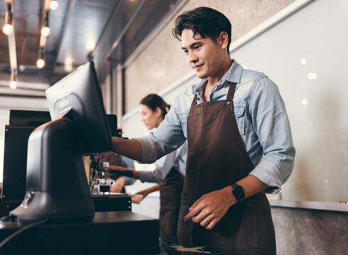 Cafe Handsome Asia Man Waitress Cashes In Order Bill Register Working Happy At Coffee Shop