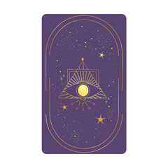 Tarot card gold with mystic eye pyramid in frame isolated. Boho esoteric tarot card with eye and star. Vector illustration. Sacred geometry celestial triangle