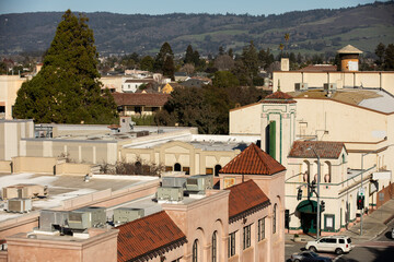 Watsonville, California, USA - January 1, 2023: Sun shines on historic downtown Watsonville.