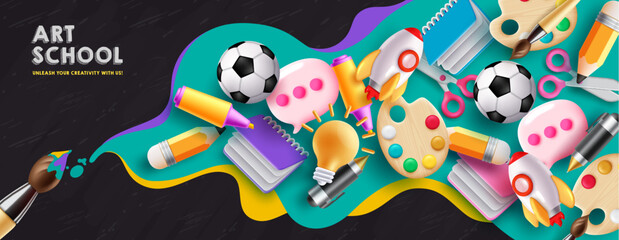 Art school vector background design. Art tools, items and educational supplies for drawing and coloring elements. Vector illustration back to school background. 