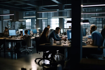 Fototapeta na wymiar Modern Office. High angle shot of employees typing on laptops in a sleek and contemporary office space. Productivity and innovation concept. AI Generative