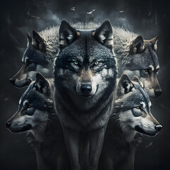 wolf pack in the night - obrazy, fototapety, plakaty