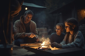 Fototapeta na wymiar Family Campfire moments. Family cooking together over an open flame in the great outdoors during camping vacation. Bonding time concept. AI Generative