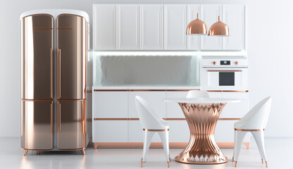 White kitchen with furniture, with bronze elements, Generative Ai