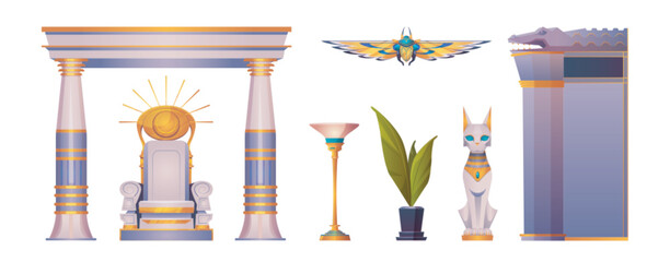 Ancient throne of egypt pharaoh for god temple cartoon vector set. Egyptian indoor column symmetry and crocodile wall construction. Cat sculpture, sit place with gold eye and torch symbol collection. - obrazy, fototapety, plakaty