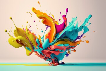 Vibrant 3D painting: Surrealistic, flowing textures meet colorful explosions and flowing fabrics in light orange and beige hues. Rendered in Cinema4D, stunning fusion of cyan and bronze. Generated AI