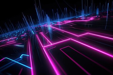 a 3d render, abstract black background with pink blue neon lines glowing in ultraviolet light, and bokeh lights feels like a Data transfer concept. can bes used as Digital futuristic wallpaper