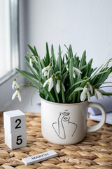 A cup filled with snowdrops is on the table