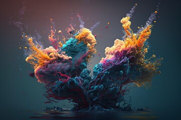 Obraz na płótnie Canvas Vibrant 3D painting: Surrealistic, flowing textures meet colorful explosions and flowing fabrics in light orange and beige hues. Rendered in Cinema4D, stunning fusion of cyan and bronze. Generated AI