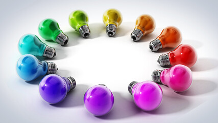 Multi colored lightbulbs in circle formation. 3D illustration