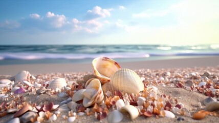Obraz na płótnie Canvas Shells on sandy beach. Generative AI