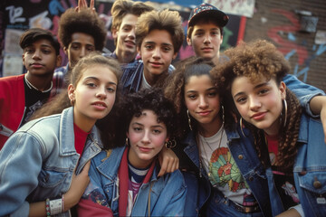 80s Memories. Group of teenagers gather for a group photo in 1985. Nostalgic reminiscence concept. AI Generative