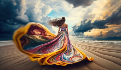 Graceful woman standing on beach in flowing colorful dress. Generative AI