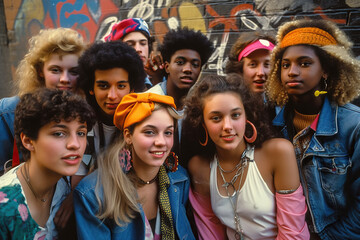 80s Memories. Group of teenagers gather for a group photo in 1985. Nostalgic reminiscence concept. AI Generative