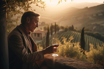 A man sipping a glass of Chianti wine with breathtaking views of Tuscany - Italian region famous for its picturesque landscapes and excellent wines -  ai generative - obrazy, fototapety, plakaty