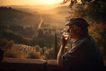 A man sipping a glass of Chianti wine with breathtaking views of Tuscany - Italian region famous for its picturesque landscapes and excellent wines -  ai generative - obrazy, fototapety, plakaty
