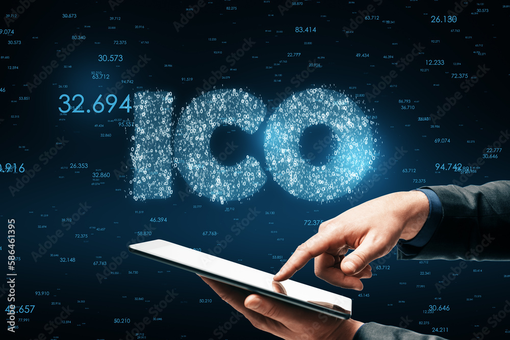 Poster close up of businessman hand pointing at smartphone with glowing ico hologram. initial coin offering