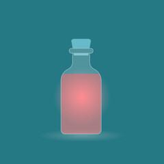 Transparent vial with red potion. Vector illustration. Isolated on blue-green background.