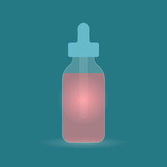 Medical bottle with a pipette on a blue-green background. Glassmorphism style vector illustration