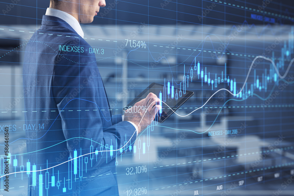 Fototapete close up of businessman hand using tablet with glowing candlestick forex chart with index on blurry 