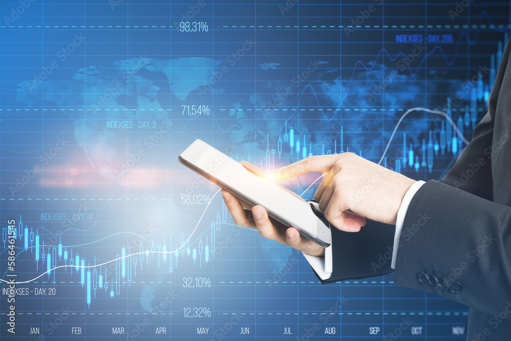 Poster close up of businessman hand pointing at mobile phone with glowing candlestick forex chart with inde