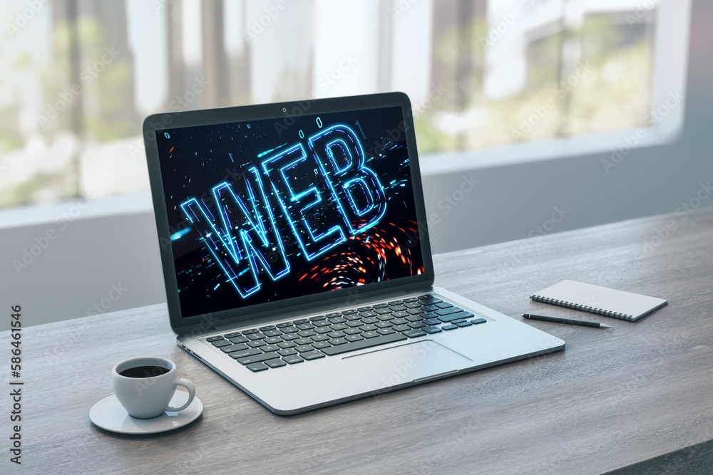 Aufkleber Close up of laptop on wooden desktop with coffee cup, notepad and glowing web text on blurry window with city view background. Digital nft, technology and future concept. 3D Rendering.