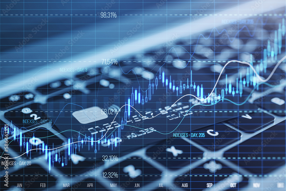 Poster close up of laptop keyboard and bank card with glowing candlestick forex chart with index on blurry 