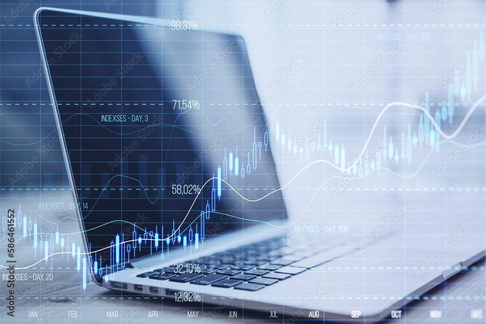 Poster close up of laptop with glowing candlestick forex chart with index on blurry background. trade, stoc